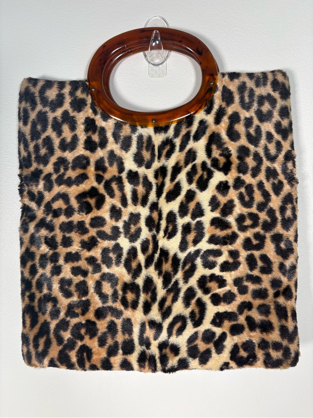 Leopard Print Faux Fur Clutch with Tortoiseshell Handle